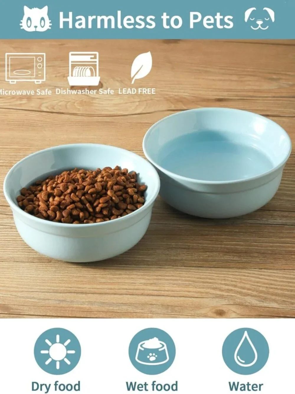 Blue Ceramic Dog Bowl Set - 5.3 Inch Cute Porcelain Cat & Dog Feeding Bowls